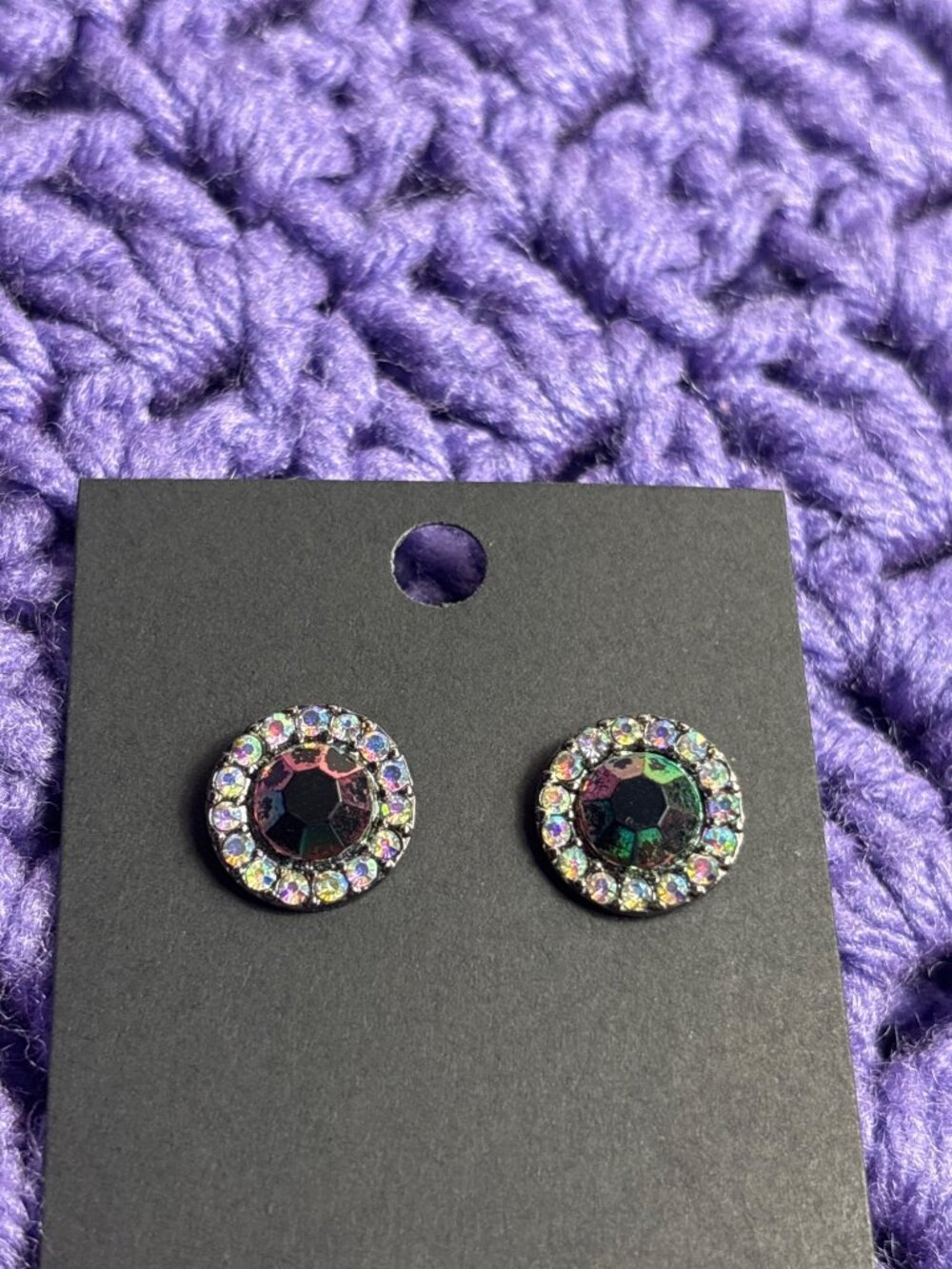 Iridescent Black Rhinestone Stud Earrings AB Aurora Borealis Halo 0.5 inch